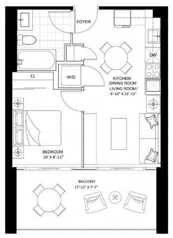 Floor plan for 1 bed, 1 bath, 431 sqft